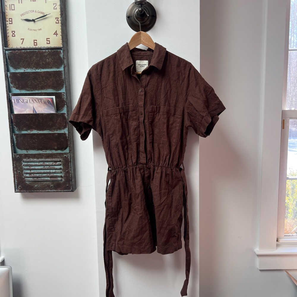 Brown Linen Short Sleeve Button Down Romper